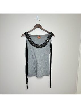 Tory Burch Grey Jewel Neck Tie Detail Sleeveless Tunic Large